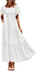 PRETTYGARDEN Square Neck Puff Sleeve Maxi Dress - Flowy Summer Layered