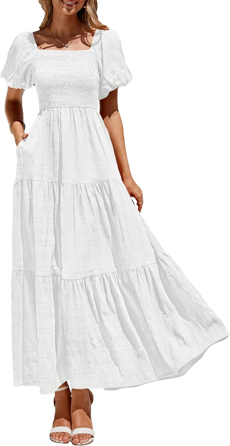 PRETTYGARDEN Womens Summer Puff Sleeve Maxi Dress for Beach