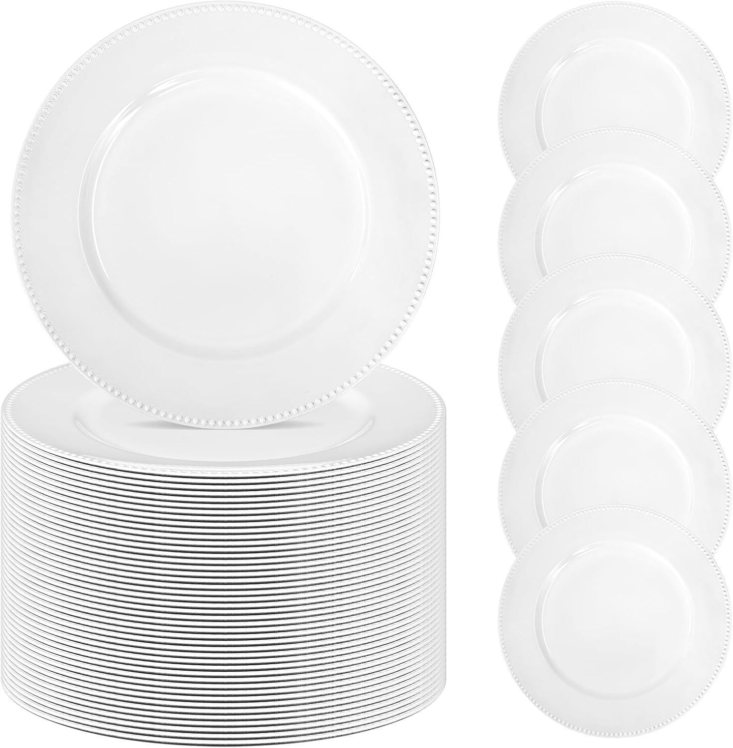 50 Pack White Beaded Charger Plates - Elegant Table Decor for Events