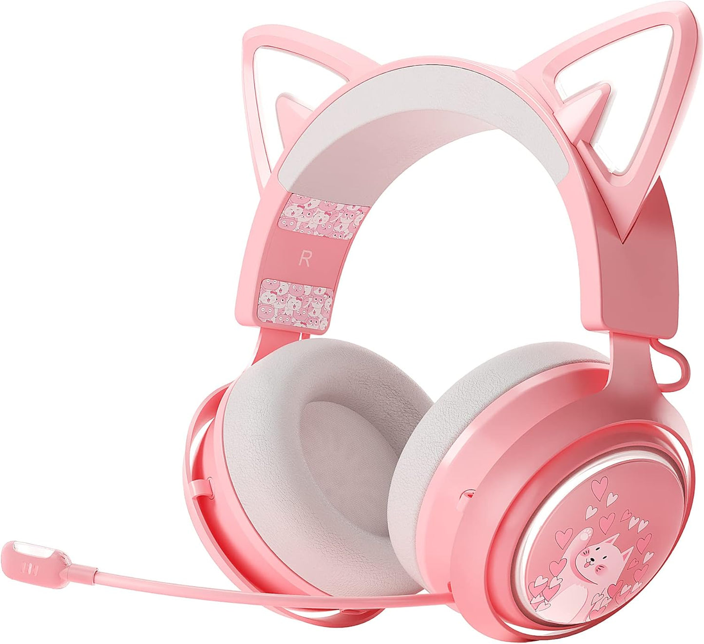 Pink Wireless Cat Ear Gaming Headset, RGB Lighting, Retractable Mic