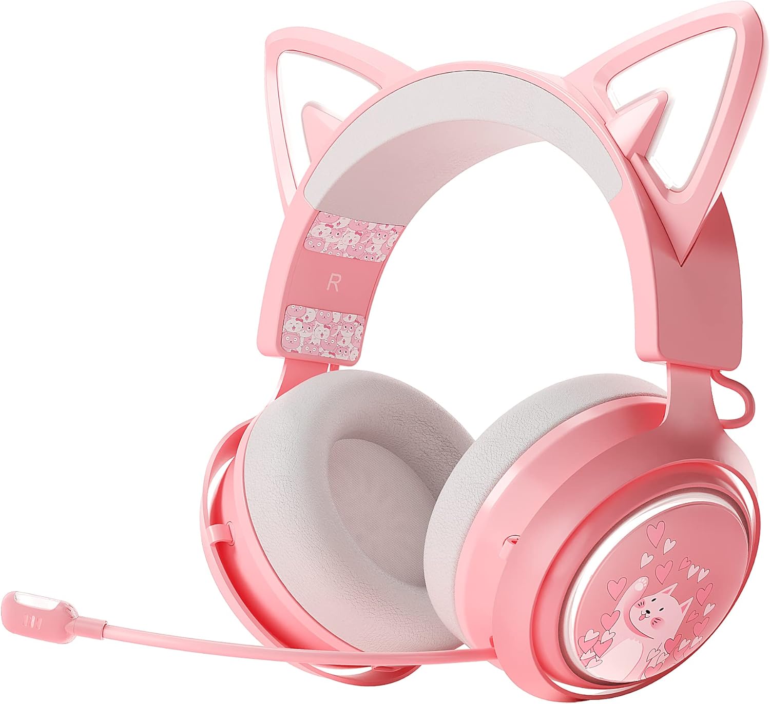 Pink Wireless Cat Ear Gaming Headset, RGB Lighting, Retractable Mic