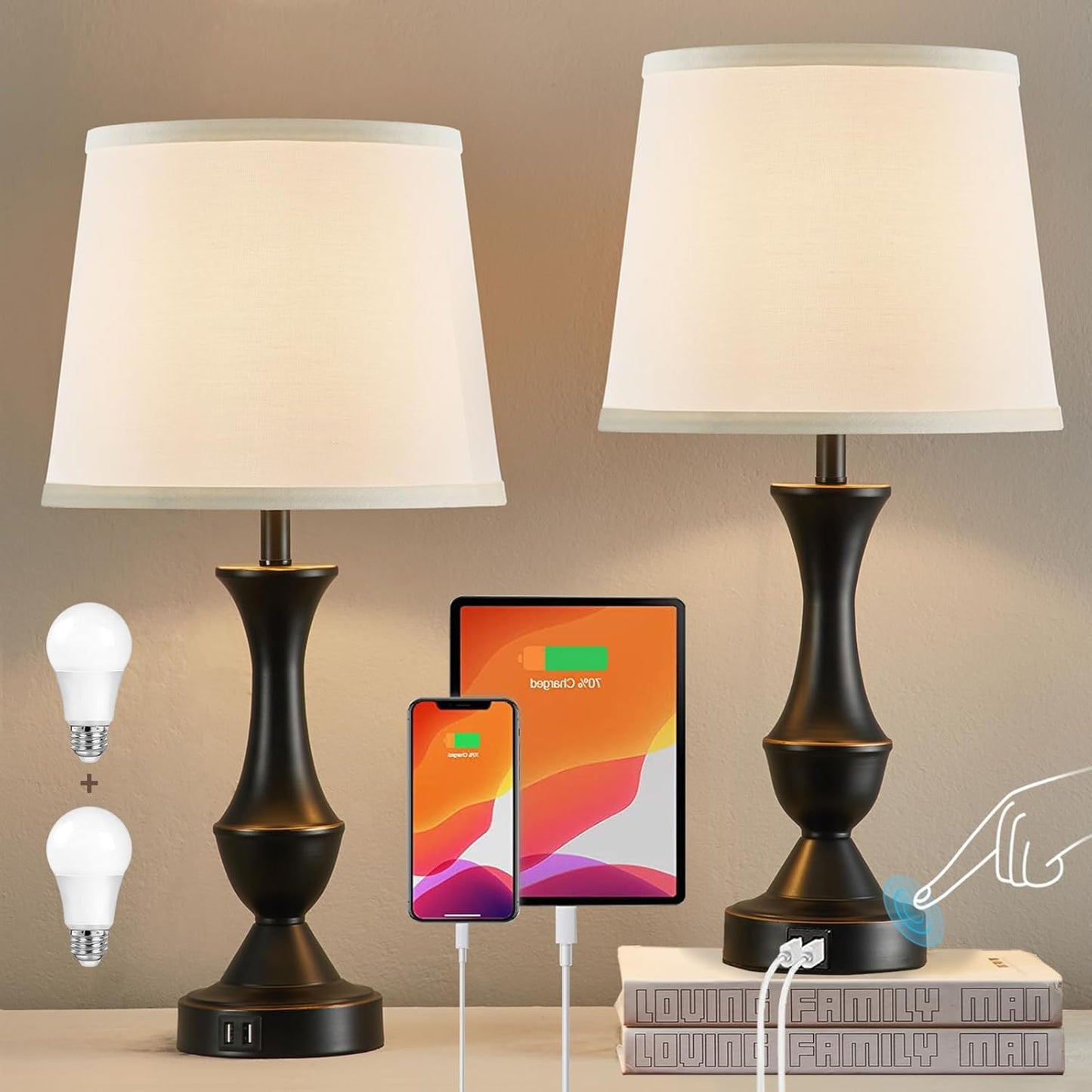 Touch Table Lamps Set of 2 with USB Ports and Dimmable Features