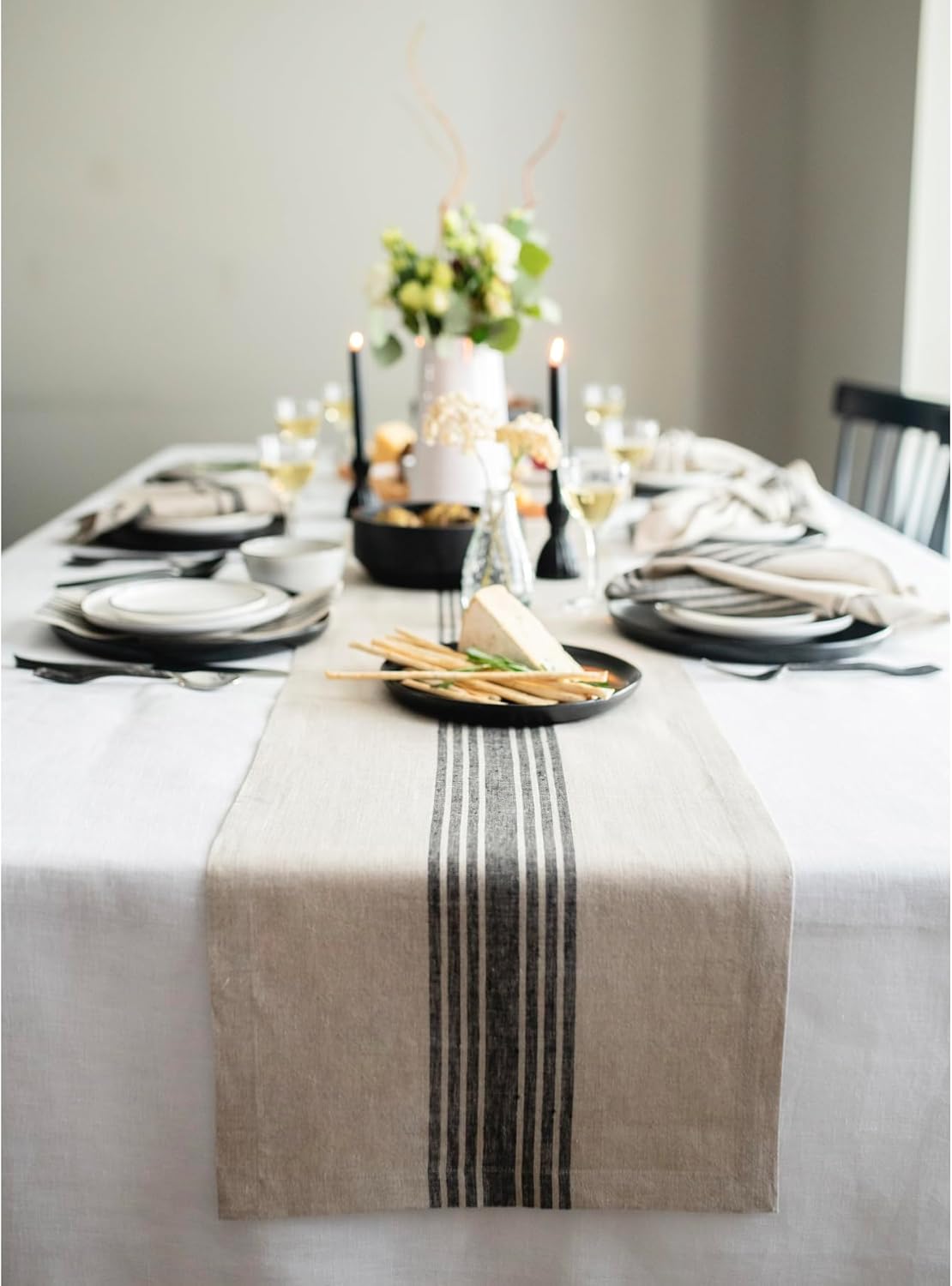 Pure Linen Black and Natural Table Runner for Stylish Dining