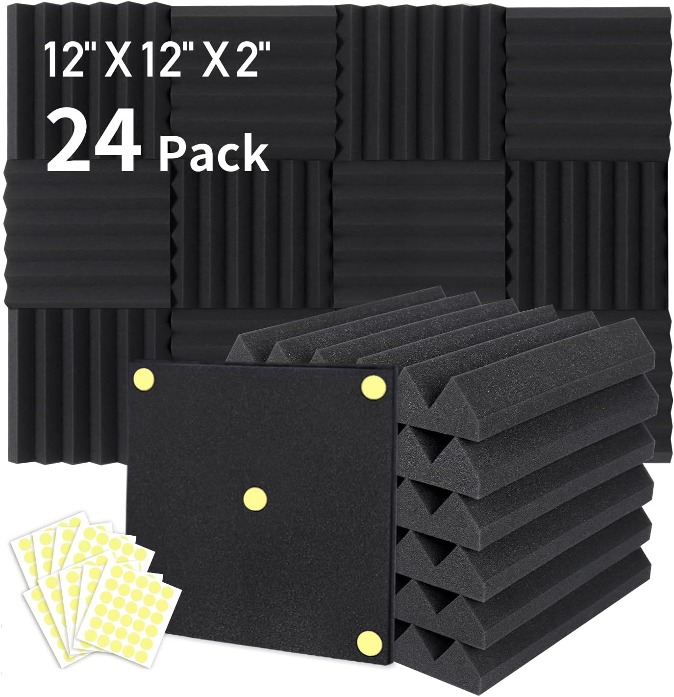 Focusound Acoustic Foam Panels - 24 Pack Noise Cancelling Soundproofing Kit