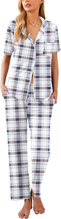 Womens Plaid Pajama Set Short Sleeve Top and Long Pants - Soft