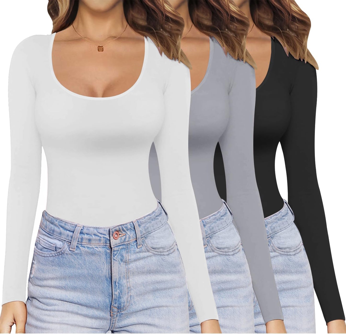 Ekouaer Womens Long Sleeve Scoop Neck Tops 3 Pack for All Seasons