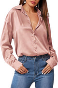 HOTOUCH Women Satin Silk Button Down Shirt - Dressy Loose Blouse