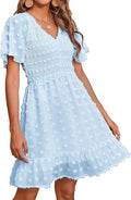 V Neck Smocked Short Sleeve Casual Dress - Flowy Summer Mini