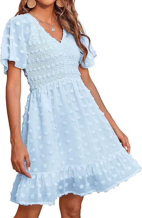 BTFBM Women's V Neck Smocked Short Sleeve Casual Dress Review