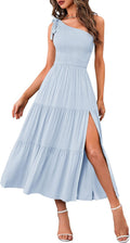 One Shoulder Smocked Midi Dress - Flowy Summer Tiered Split MEROKEETY