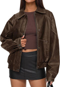PRETTYGARDEN Faux Leather Bomber Jacket Women Oversized - Vintage Chic