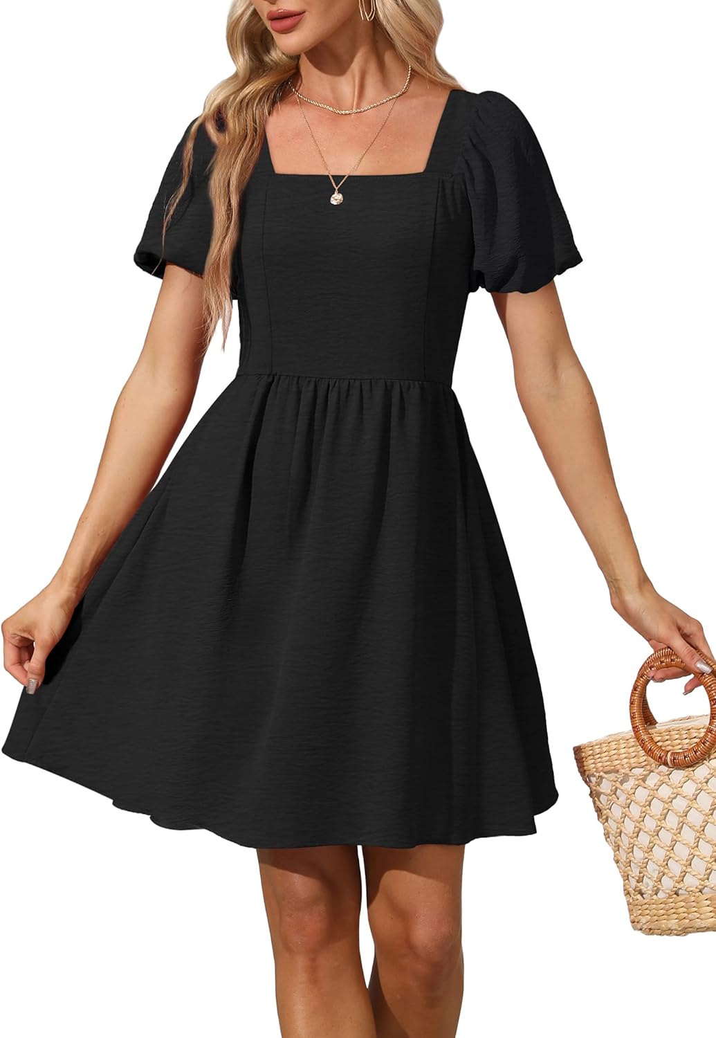 OFEEFAN Women Puff Sleeve Square Neck Tie Back Dress Review
