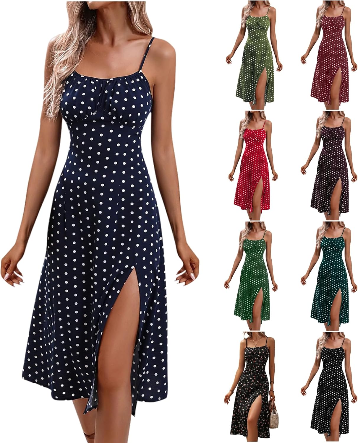 Casual Boho Sundress Polka Dot Spaghetti Strap Flowy Dress