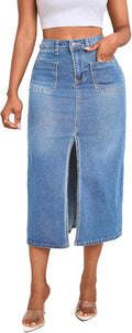 Women's Stretch Denim Midi Jean Skirt with Front Slit - High Waisted