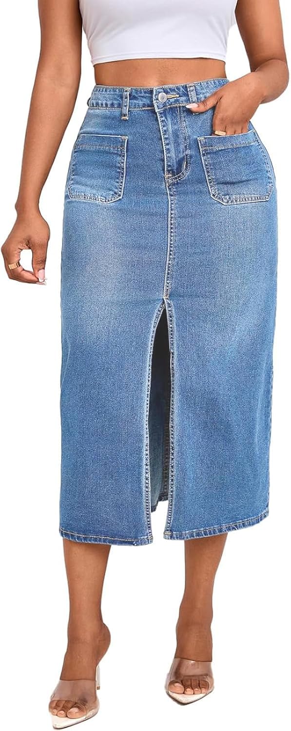 Women's Casual Slit Denim Midi Jean Skirt for Stylish Looks
