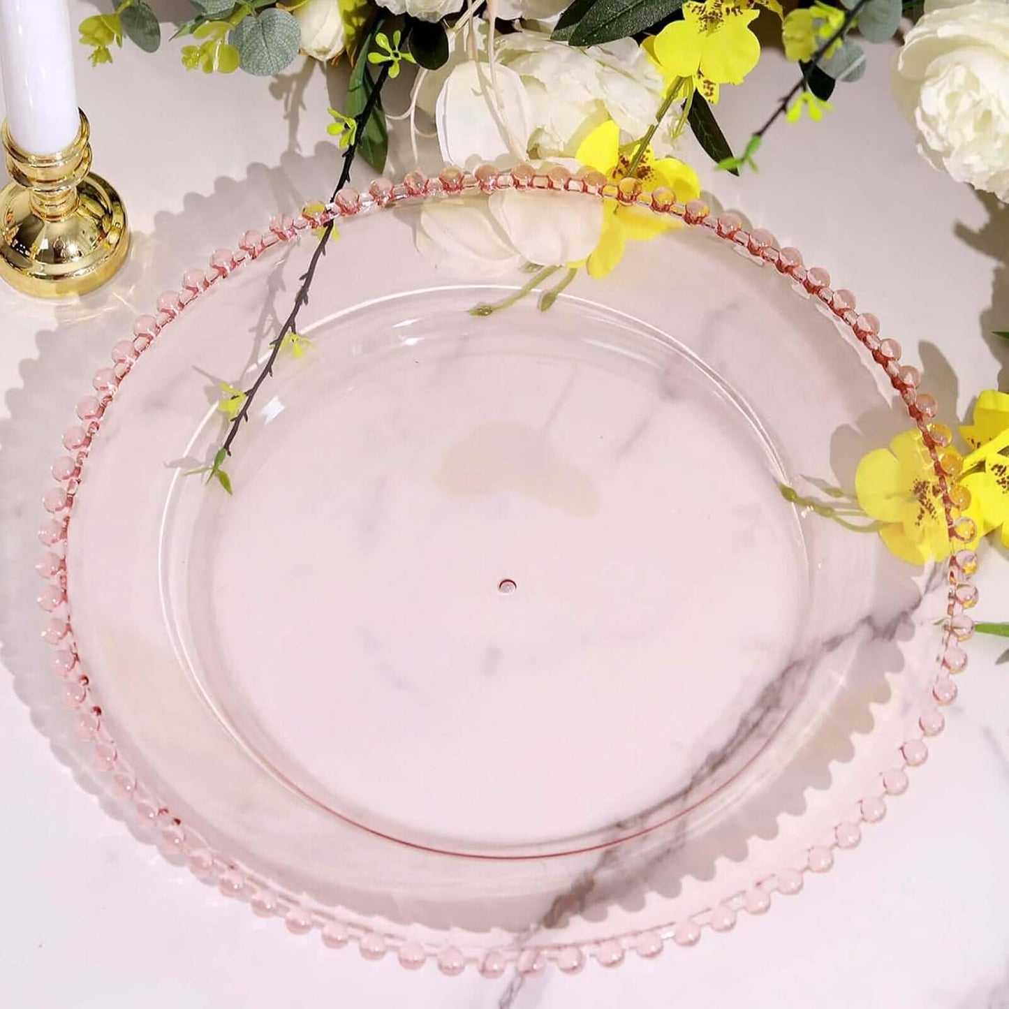 13 Charger Plates Set of 12 Blush Round Acrylic with Beaded Rim