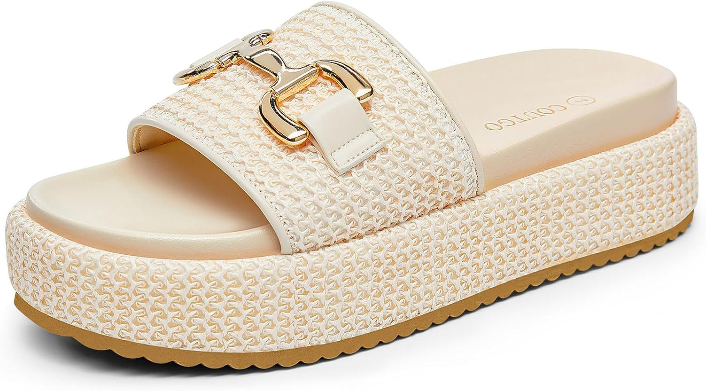 Coutgo Womens Platform Sandals with Raffia and Metal Chain