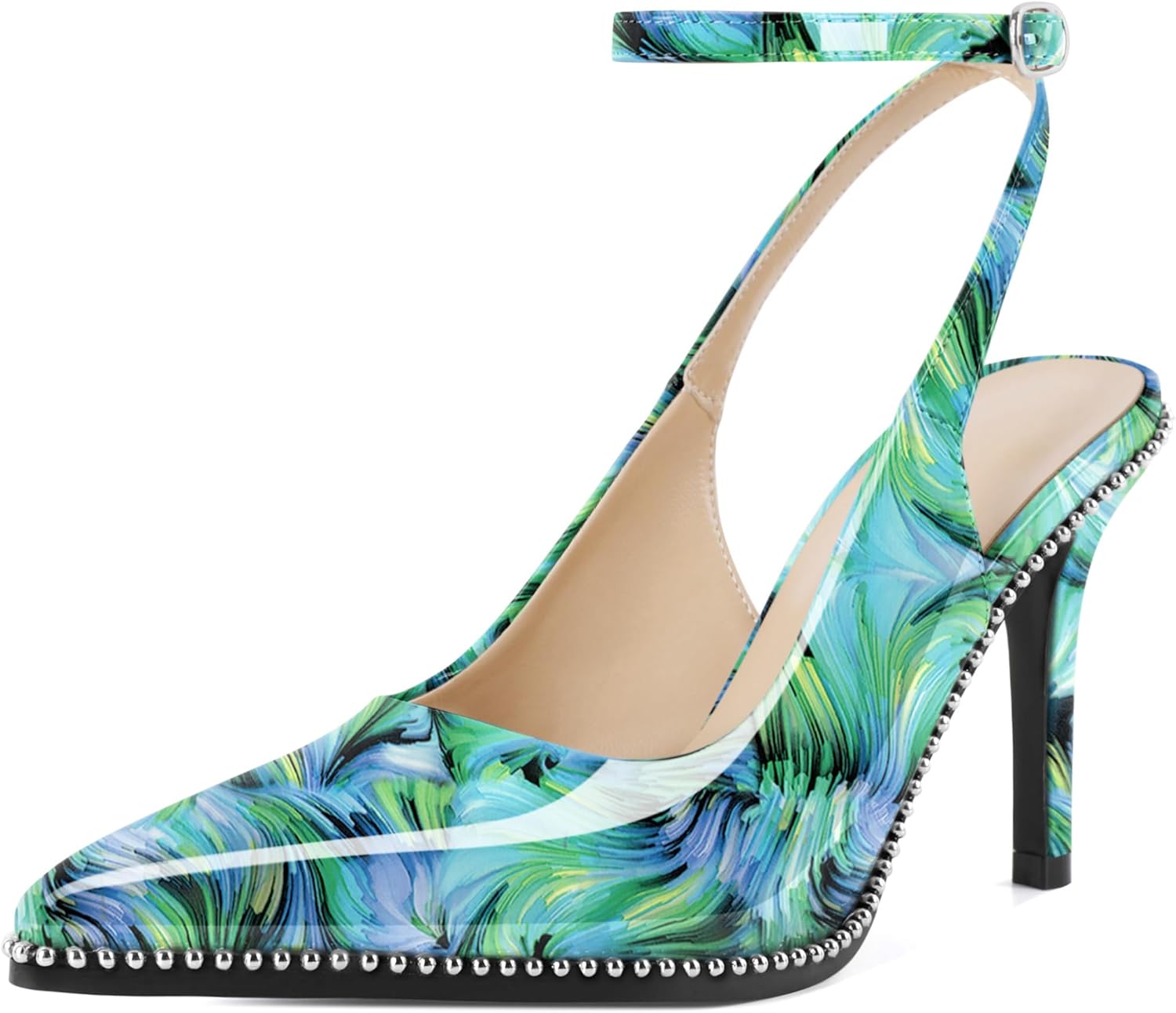 Slingback Heels for Women: Floral Green Ankle Strap Pumps