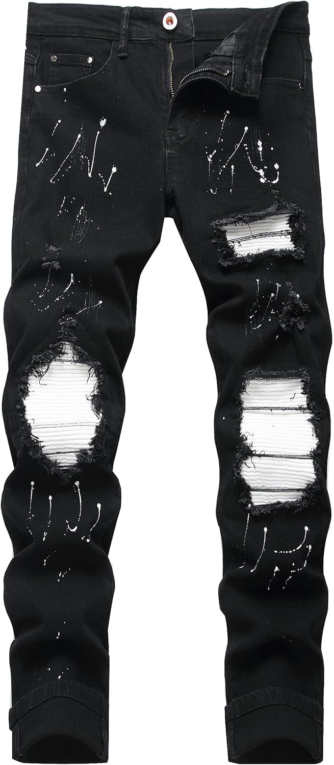 OIIIO Men's Patch Ripped Stretch Regular Fit Jean for Style