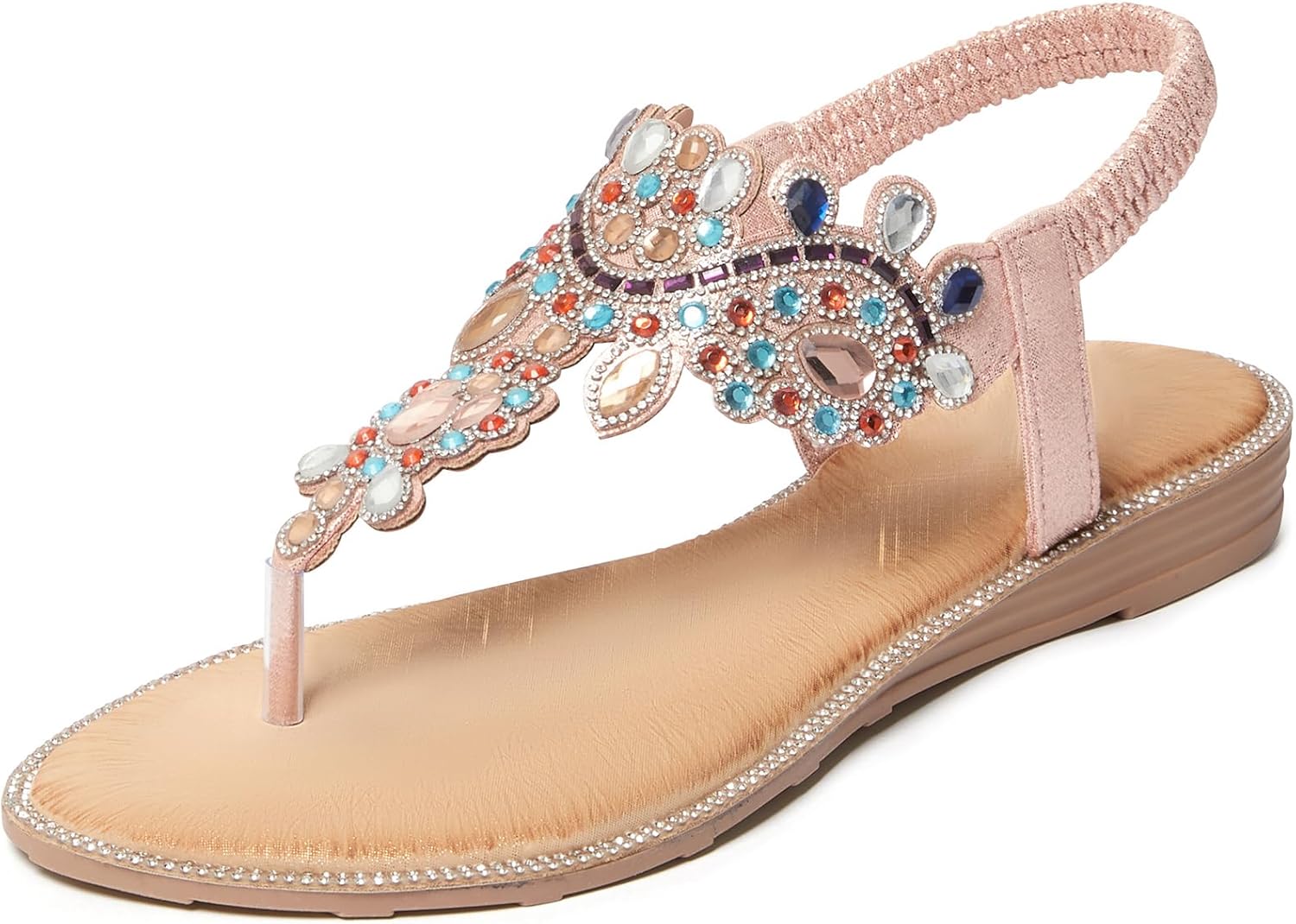 iCKER Women Rhinestone Sandals T-Strap Bohemian Pearl Style