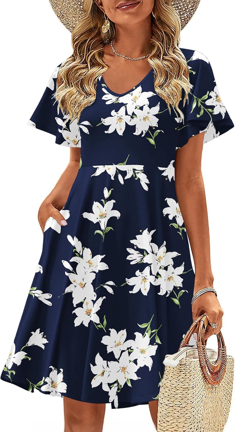 Zeagoo Womens Summer Dress Casual Swing Floral Ruffle Mini Dress