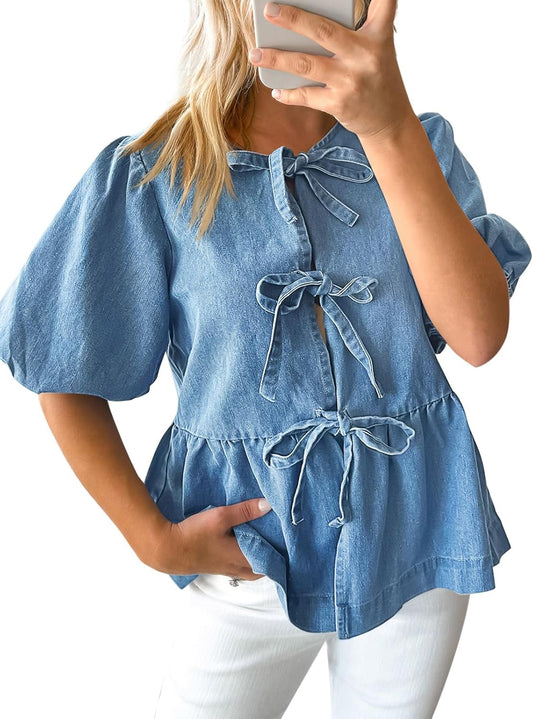 Womens Denim Tie Front Tops for Casual Summer Style