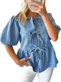 Tankaneo Womens Denim Tie Front Top - Cute Casual Bow Blouse