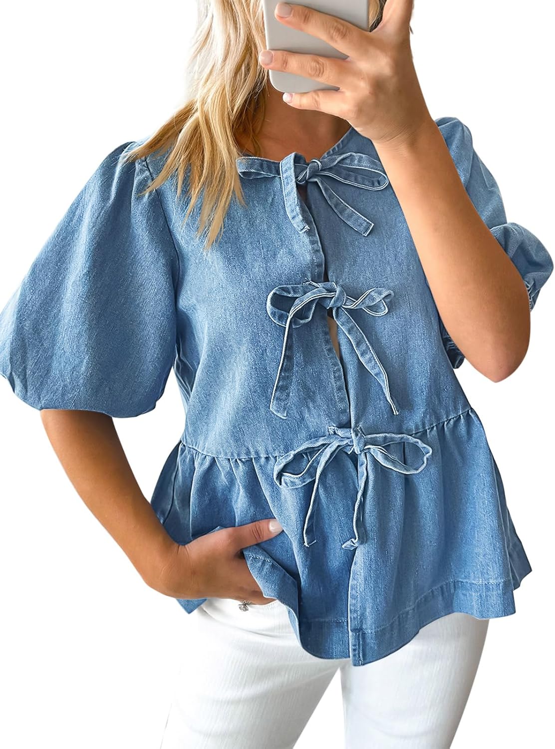 Womens Denim Tie Front Tops for Casual Summer Style