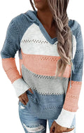 Women Color Block Hooded Crochet Striped Sweater - Lightweight Cozy