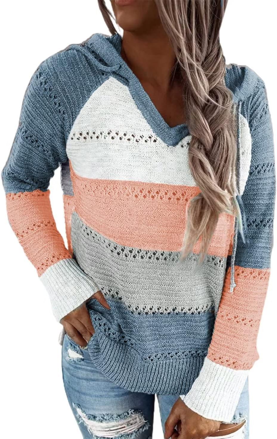 BLENCOT Women Color Block Hooded Crochet Striped Sweater