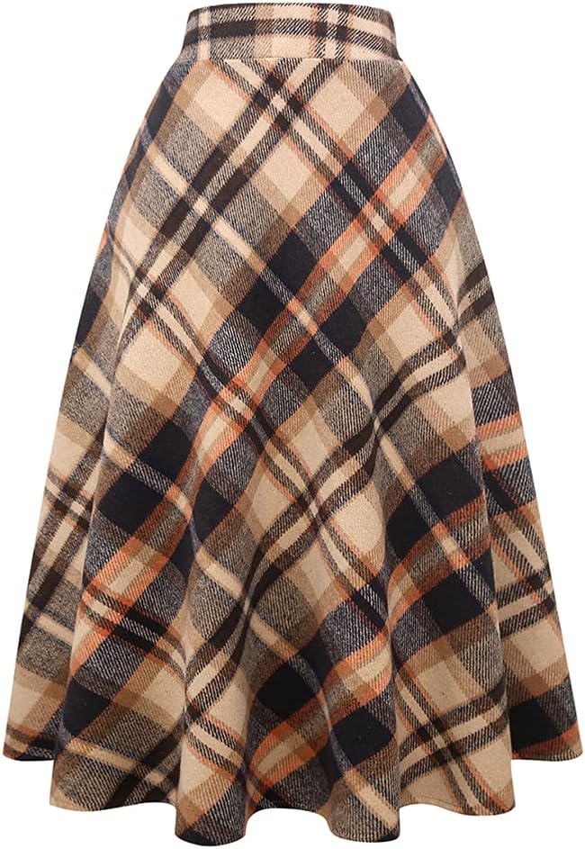 Long Plaid Wool Skirt for Women - Warm High Elastic Waist A-Line