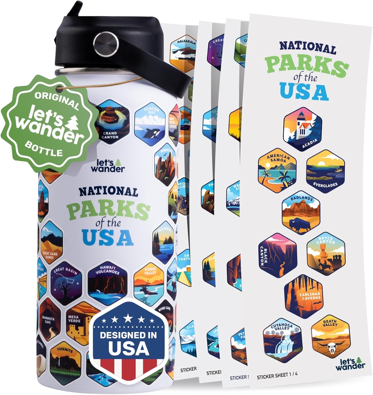 LET'S WANDER National Parks Water Bottle with 63 Stickers
