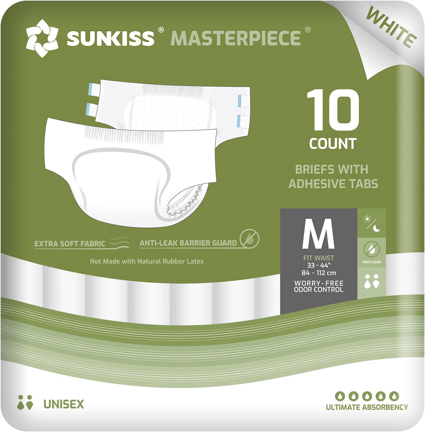 SUNKISS Odor-Control Adult Diapers, Unisex, Medium, 10 Count