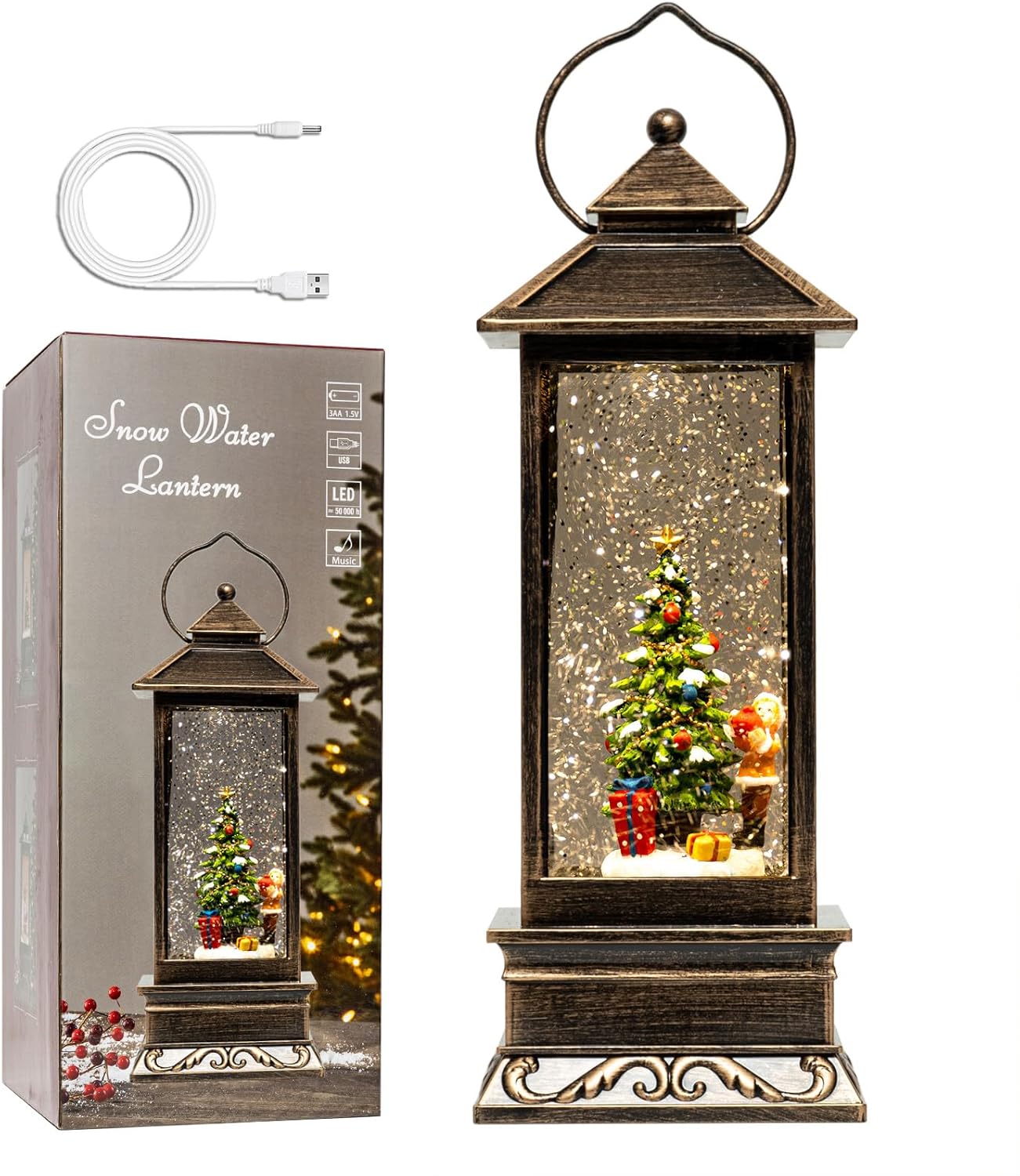 12in Christmas Snow Globe Lantern with Tree and Gifts for Decor
