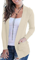 Womens Open Front Long Sleeve Knit Cardigan with Pockets - Beige