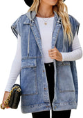 Women's Oversized Denim Vest Mid Long Cotton Jean Vest - Run Big, Size