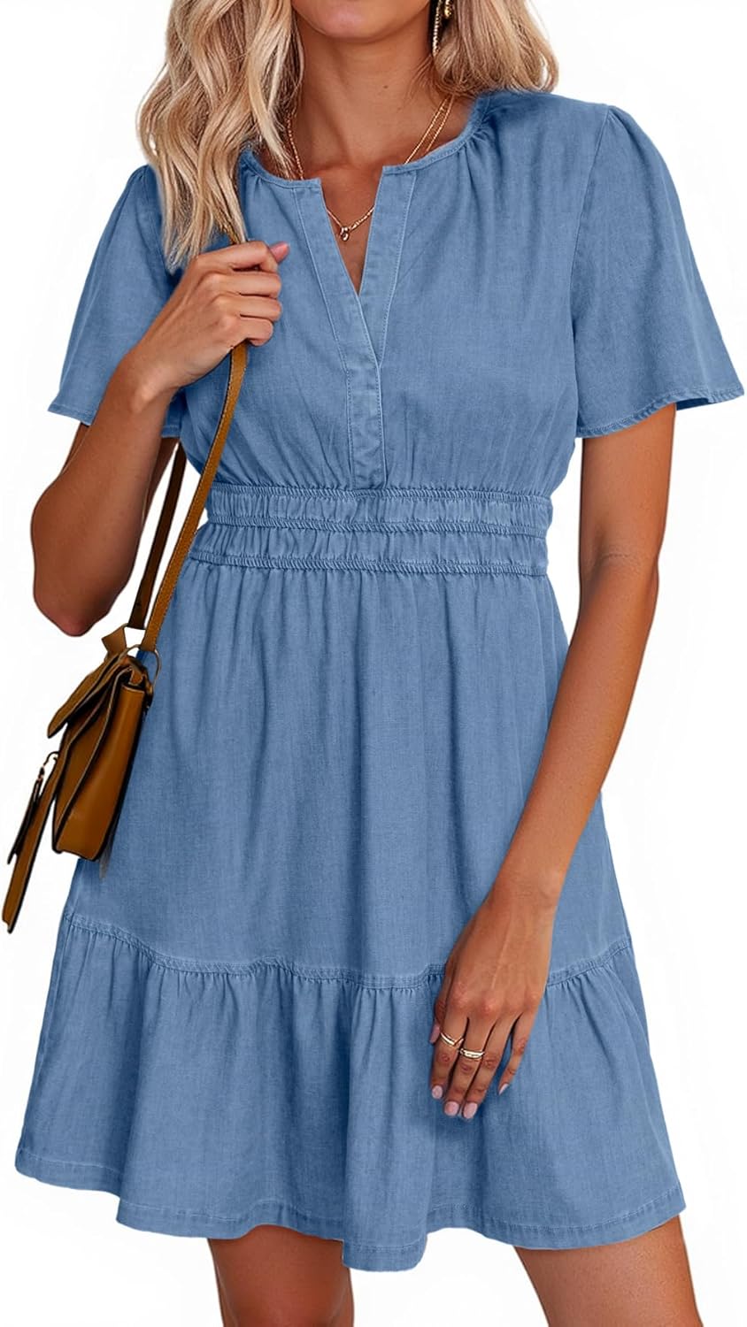 Simplee Womens Summer Denim Dress Casual Short Sleeve Mini Dress