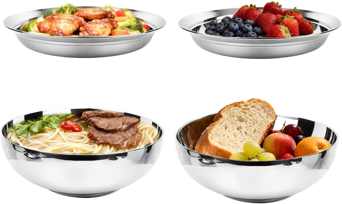 4-Piece Stainless Steel Pasta Plates and Bowls Set for Meals