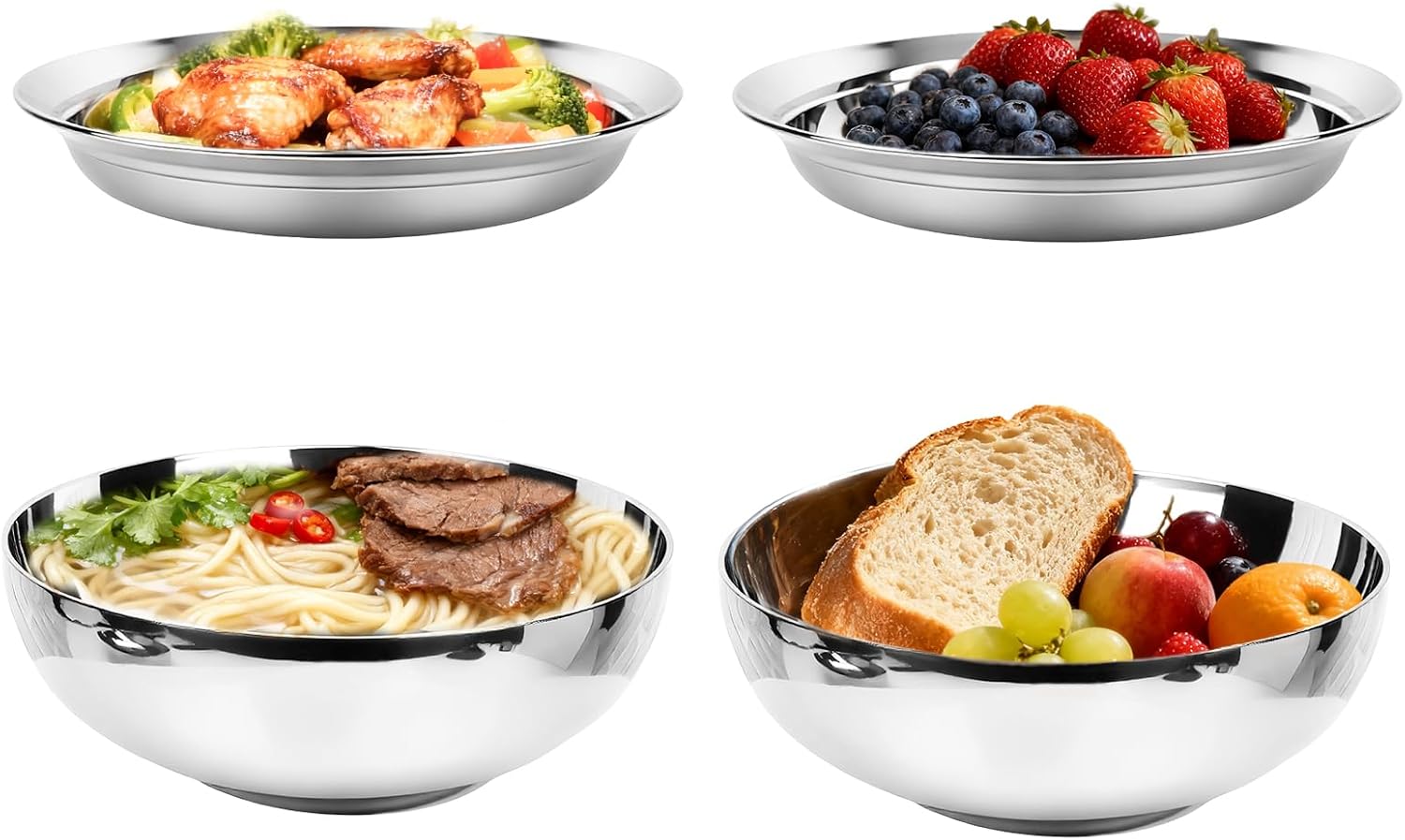 4-Piece Stainless Steel Pasta Plates and Bowls Set for Meals