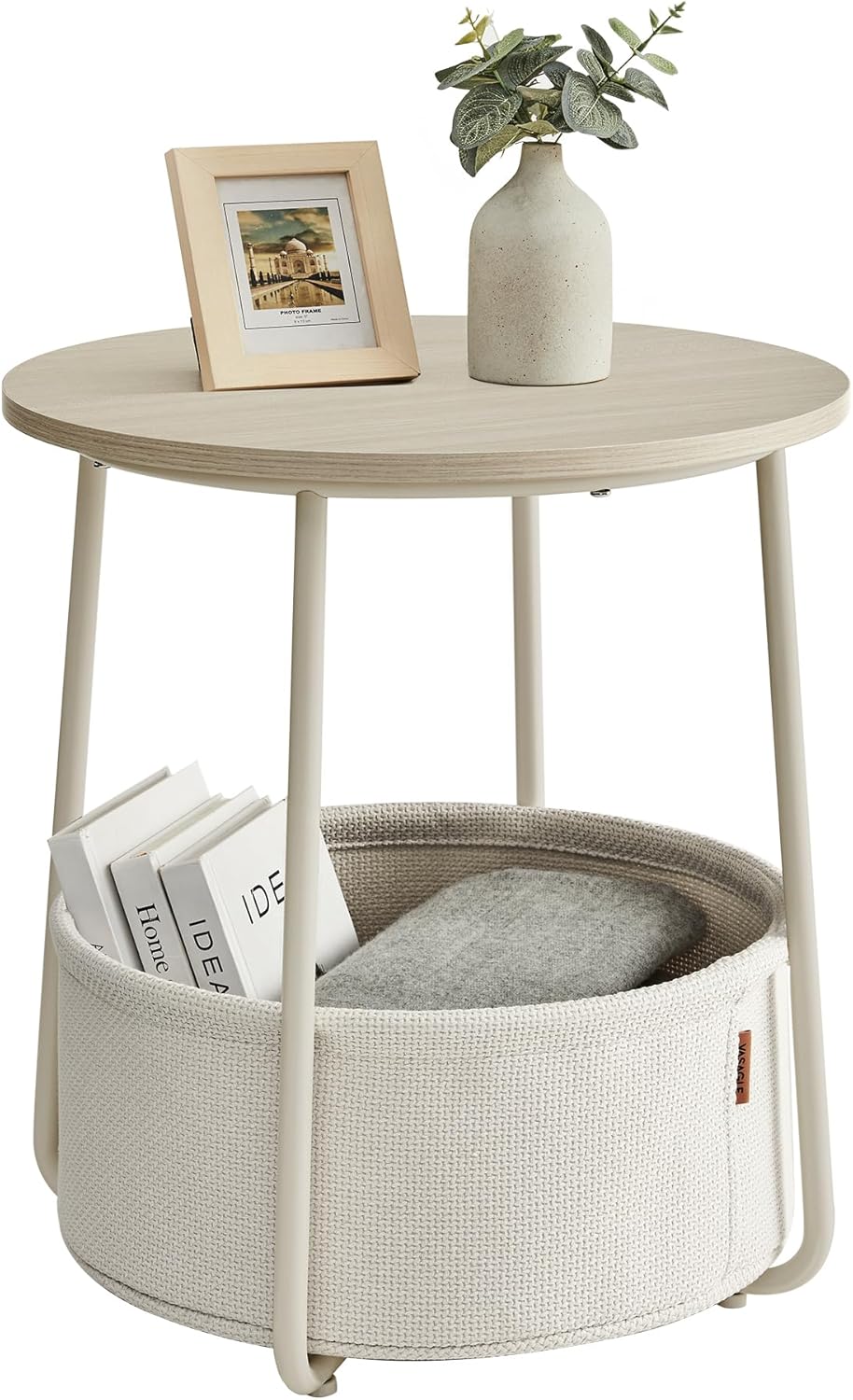 VASAGLE Small Round Side End Table with Fabric Basket for Storage