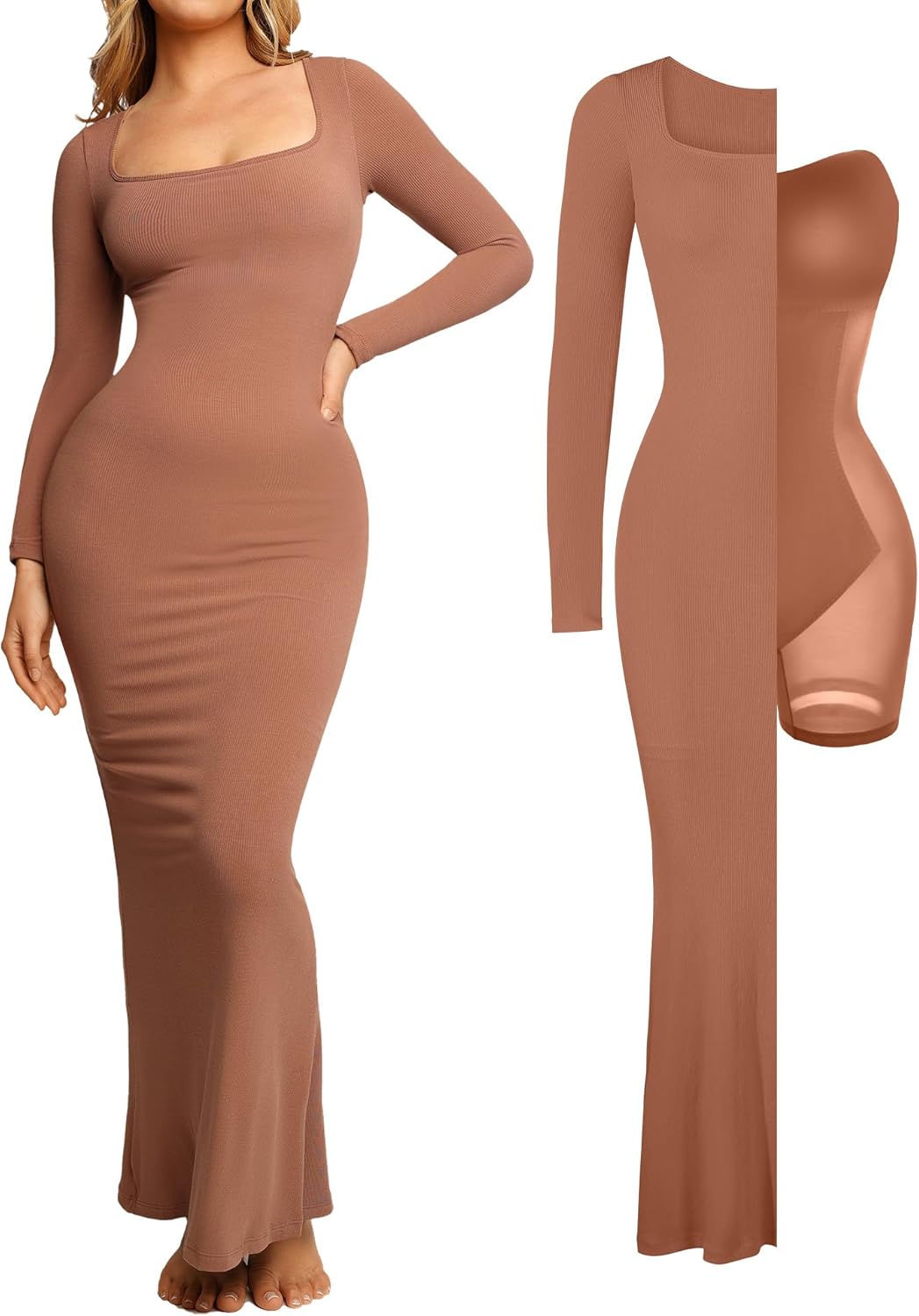 Popilush Women's Long Sleeve Maxi Dress with Built-in Shapewear