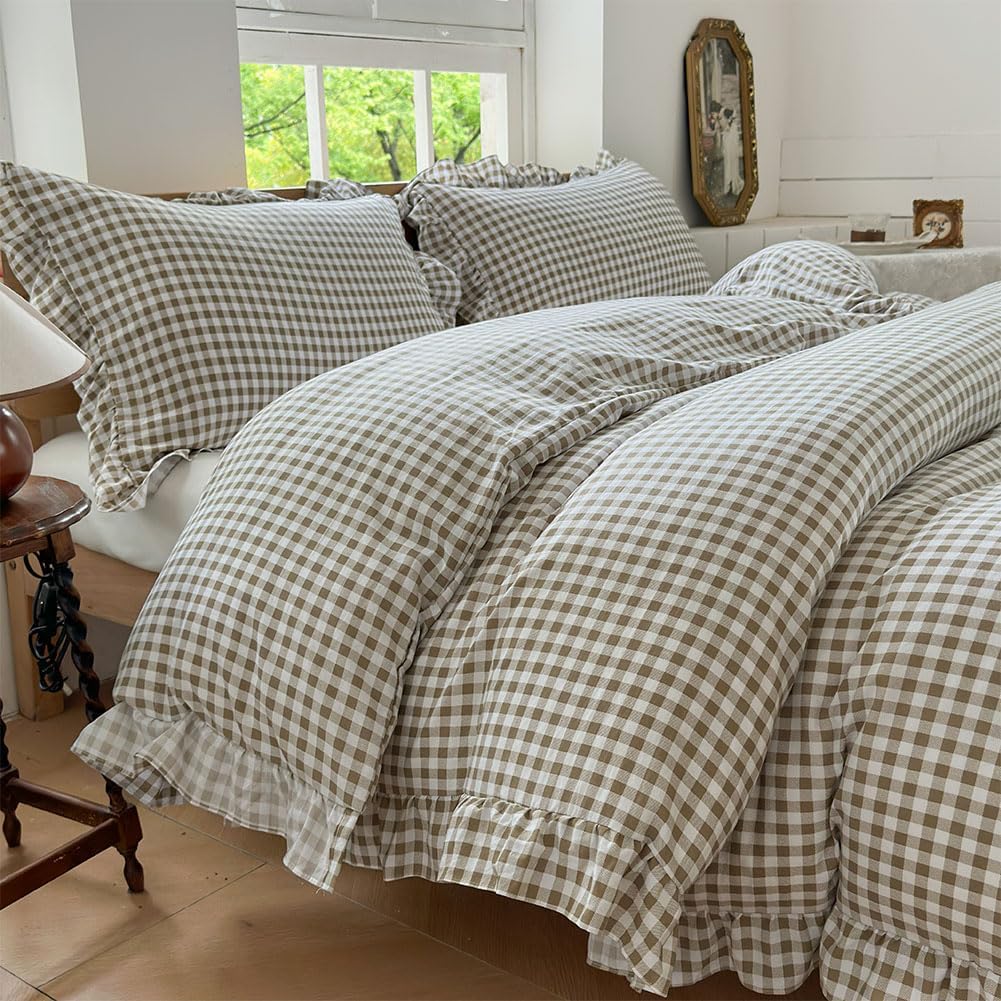 Tan Gingham Ruffle Duvet Cover Twin Size Set for Cozy Bedrooms