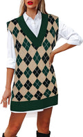Women Oversized V Neck Houndstooth Sweater Vest Tunic - Relaxed Fit
