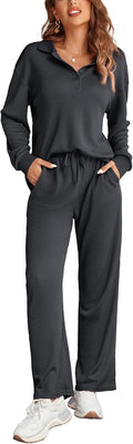 Ekouaer Womens 2 Piece Lounge Sets Waffle Knit Sweatsuit - Cozy Fit