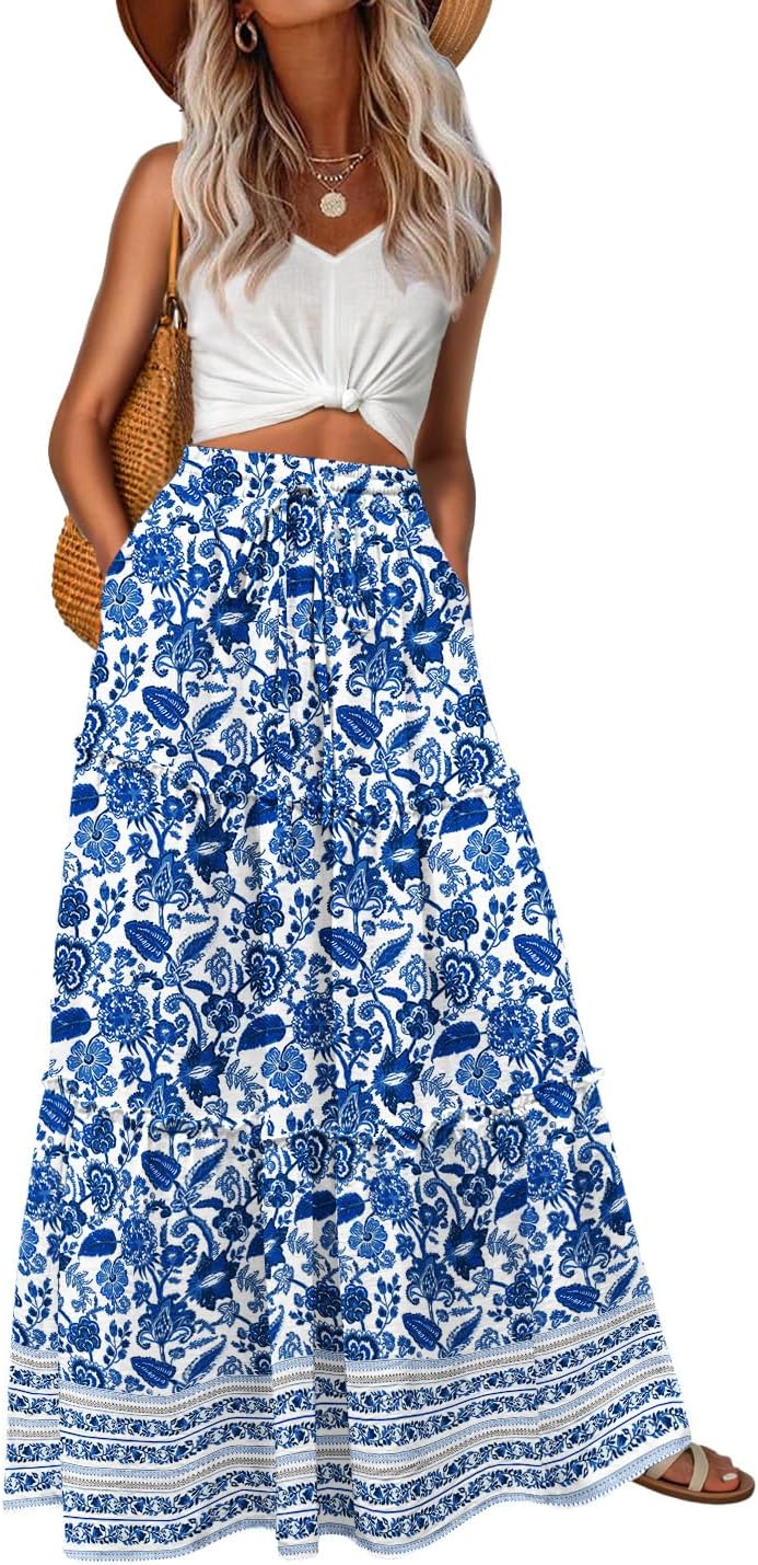 Lepunuo Womens Casual Boho High Waisted Flowy Maxi Skirts