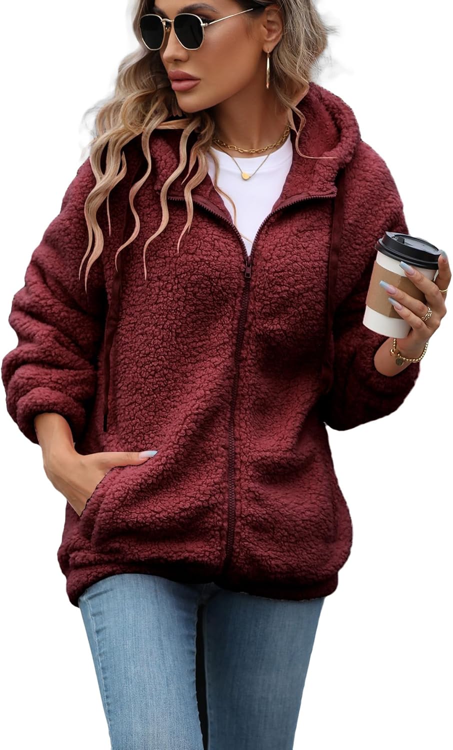 Womens Fleece Jacket Full Zip Sherpa Coat with Hood S-5XL