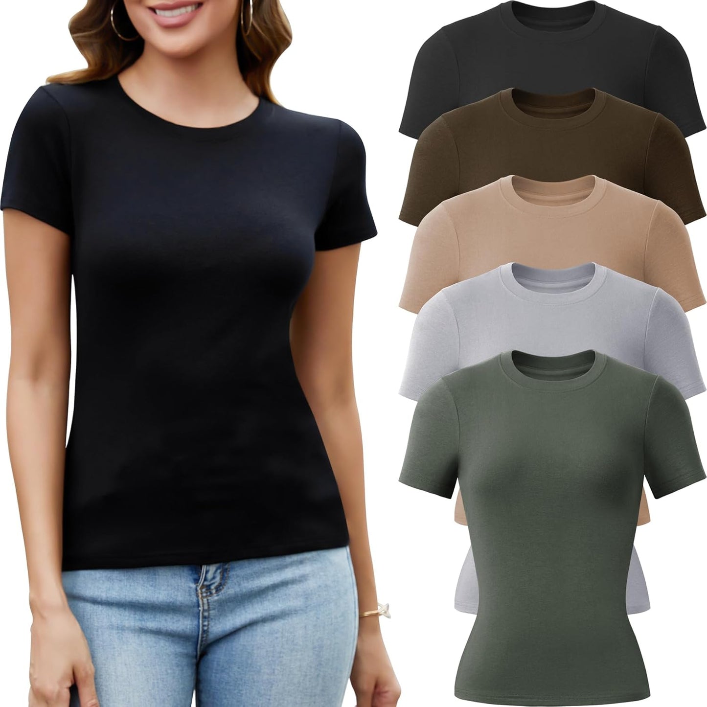 5 Pack Crew Neck T Shirts for Women - Casual Fitted Tops