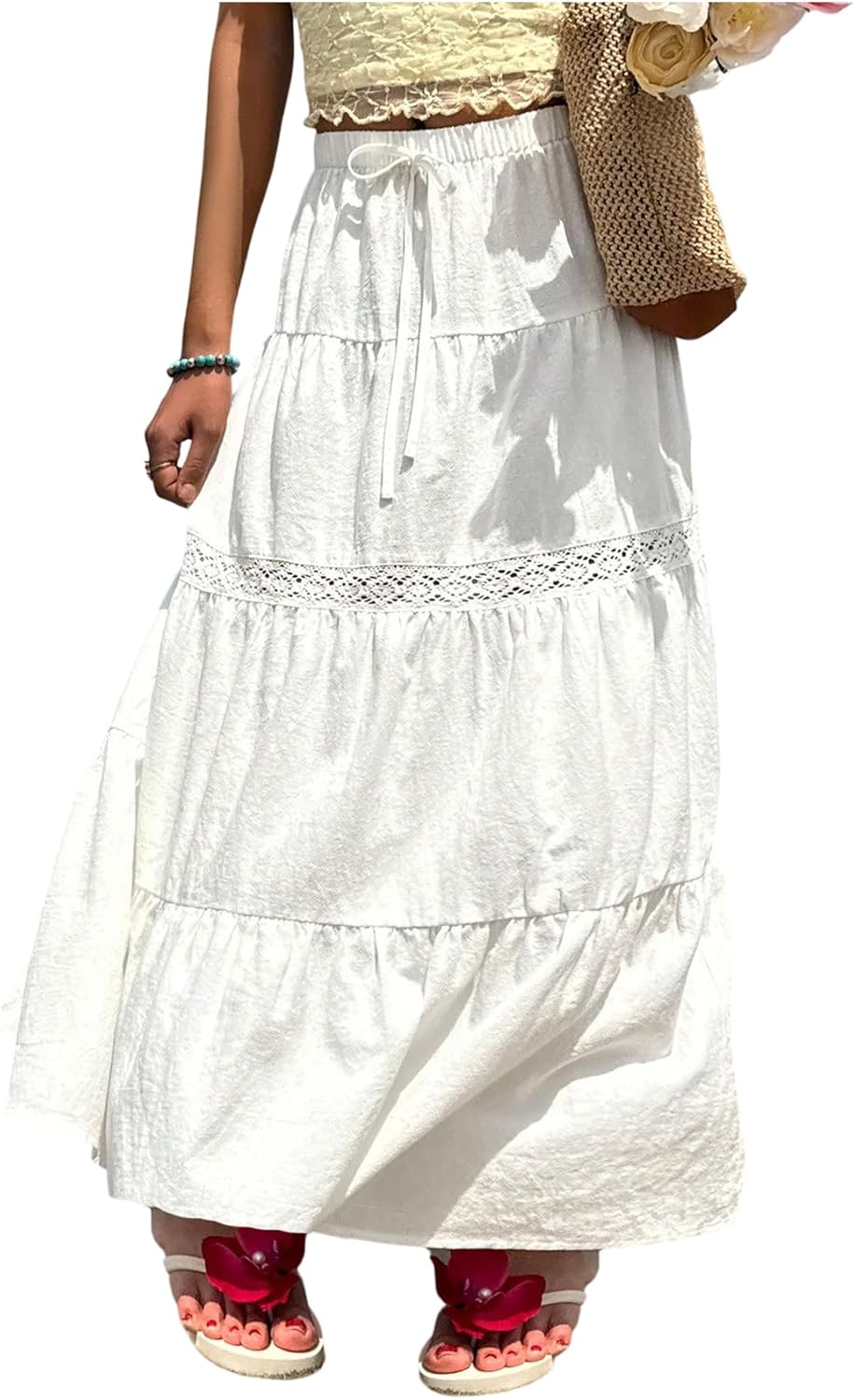 Verdusa Women's Boho Skirt Flowy Ruffle Maxi Skirts for Summer