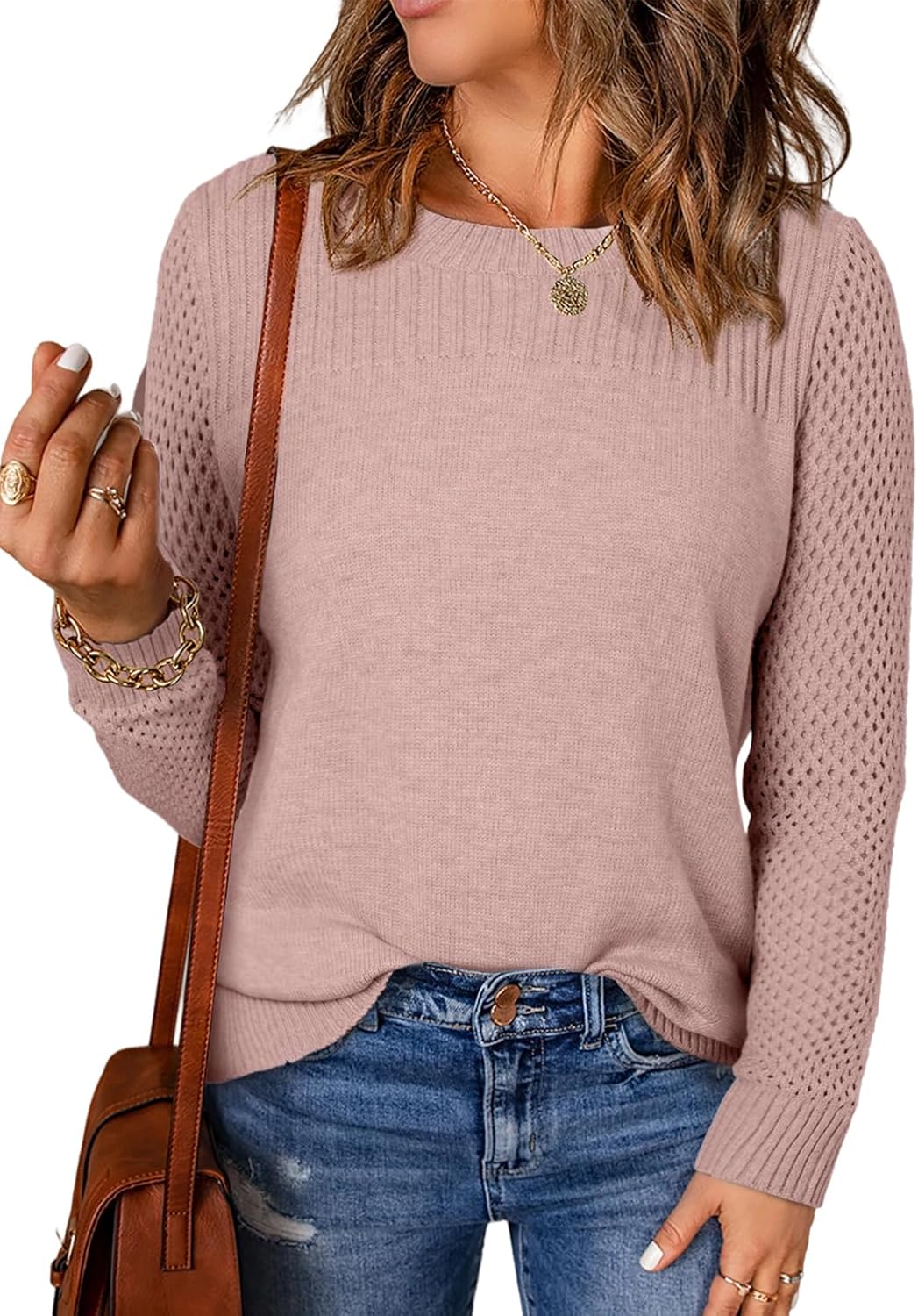 EVALESS Womens Sweaters Casual Long Sleeve Crewneck Knit Tops