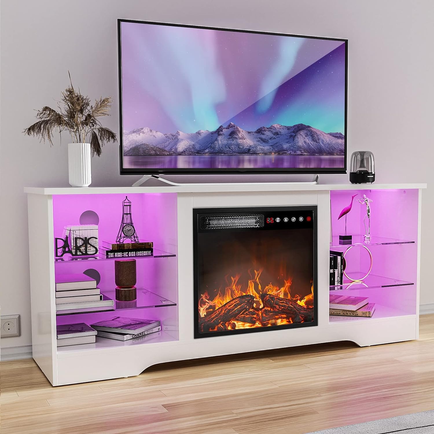 Modern 65'' Fireplace TV Stand - Adjustable Shelves, White